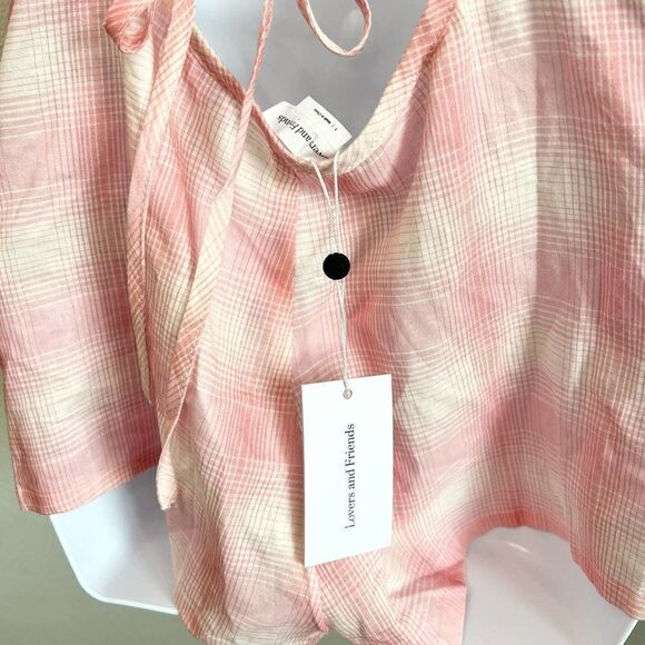 New Lovers + Friends Alona Romper Women’s S Pink Plaid Gingham Linen Blend - Picture 3 of 5